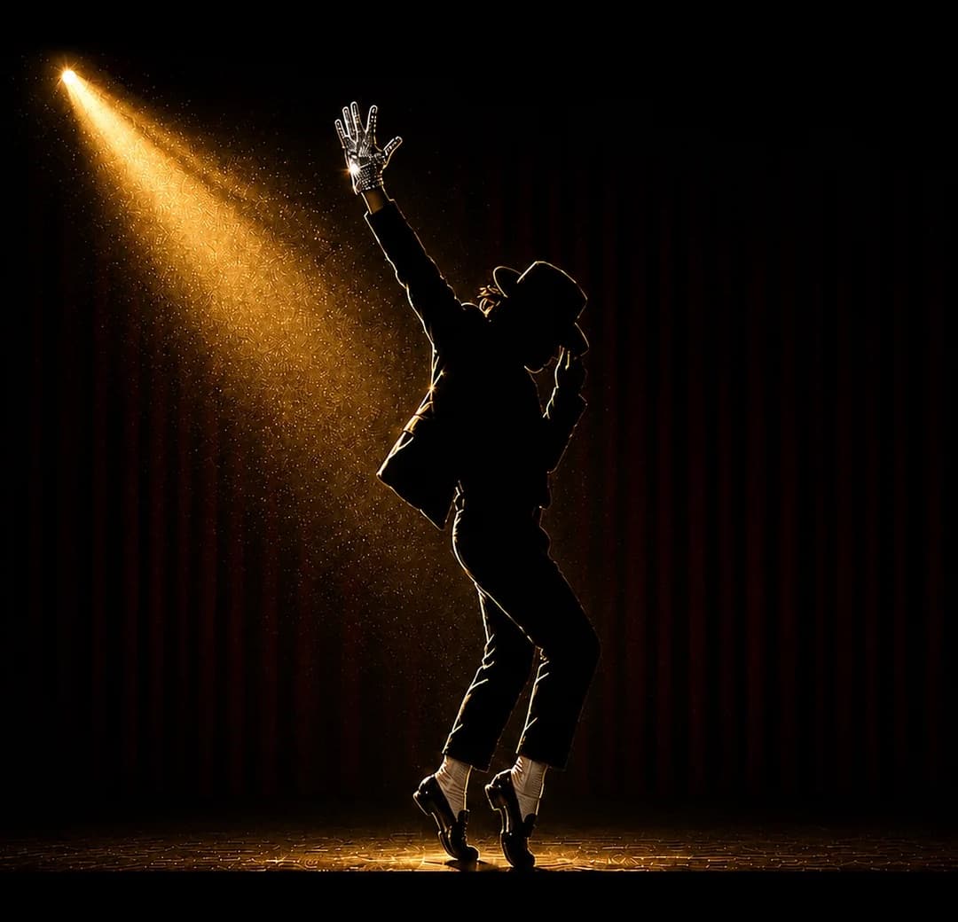 A silhouette of Michael Jackson dancing under a golden spotlight